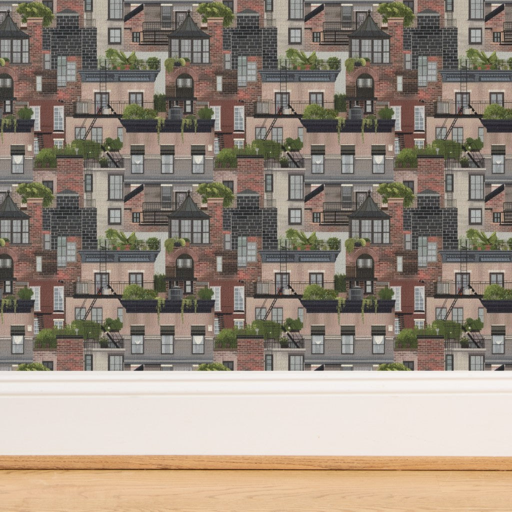 Woven fiber detail of the Red Brick Planted Terraces grass cloth wallpaper.