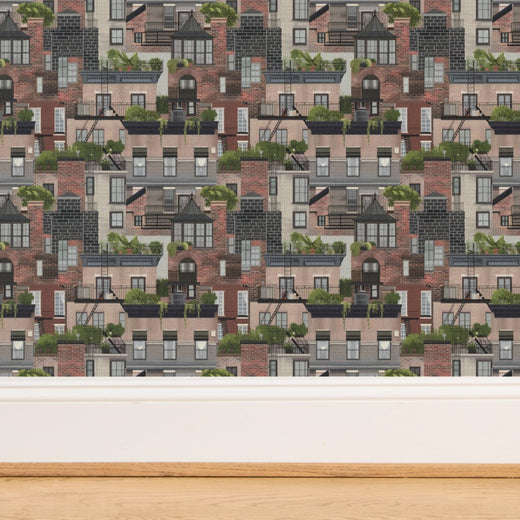 Woven fiber detail of the Red Brick Planted Terraces grass cloth wallpaper.