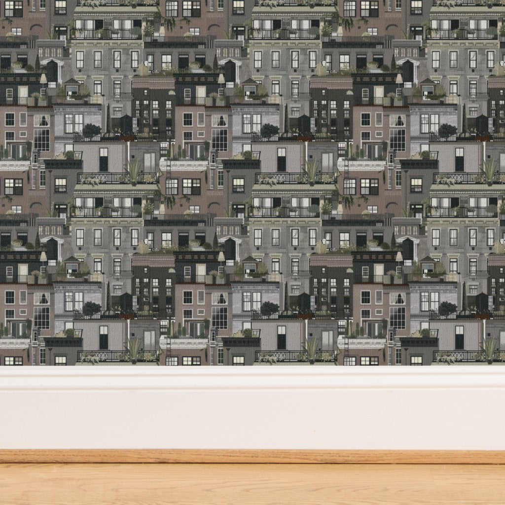 Texture detail of the Grey Planted Terraces wallpaper on natural woven grass cloth.