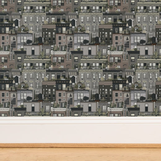 Texture detail of the Grey Planted Terraces wallpaper on natural woven grass cloth.