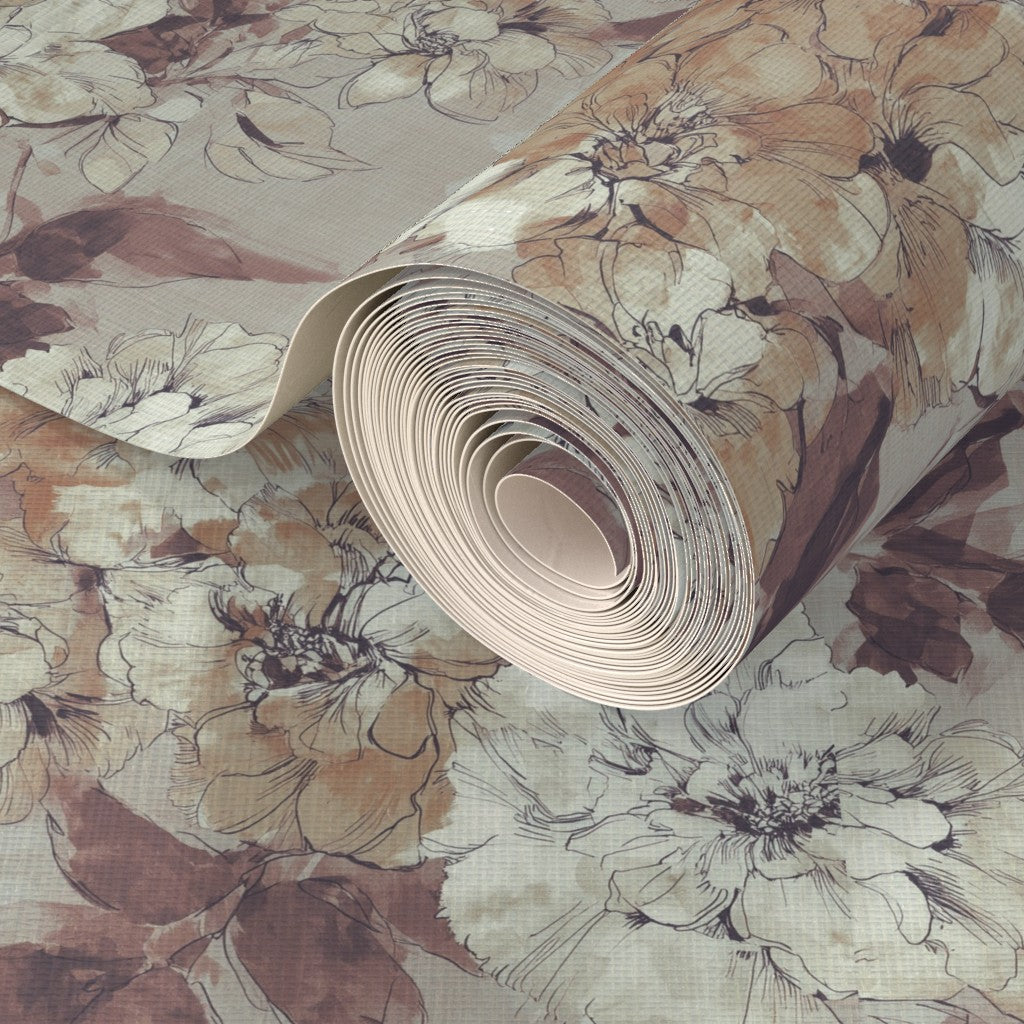 Detailed weave of natural grass cloth substrate with blue painterly botanical print.