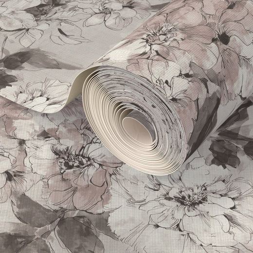 Close-up of organic grass cloth texture on neutral floral wallpaper.