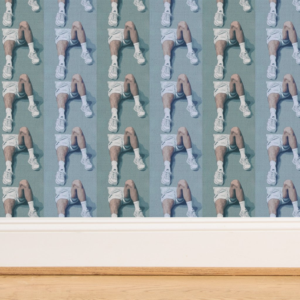 Detail view of the premium grasscloth textured background print of Court Side wallpaper.