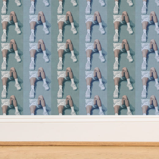 Detail view of the premium grasscloth textured background print of Court Side wallpaper.