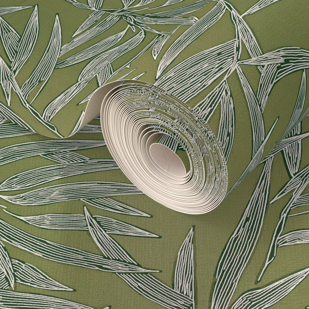 Detailed texture of the Moss green Bamboo grasscloth wallpaper.