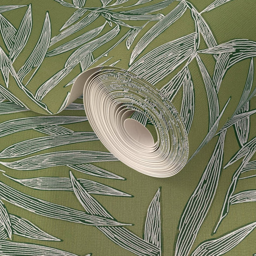 Detailed texture of the Moss green Bamboo grasscloth wallpaper.