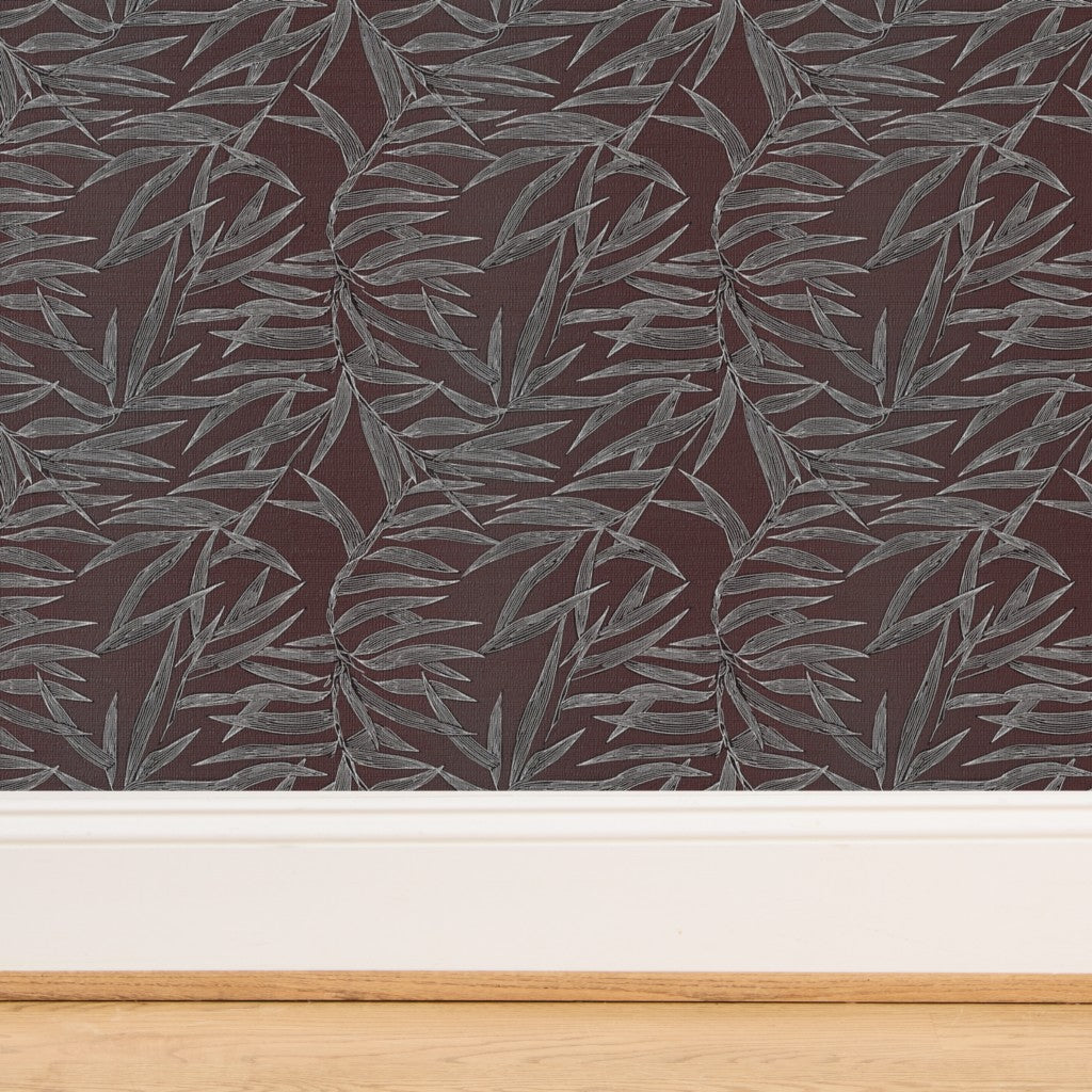 Detail of the organic texture of grasscloth wallpaper with bamboo leaves.