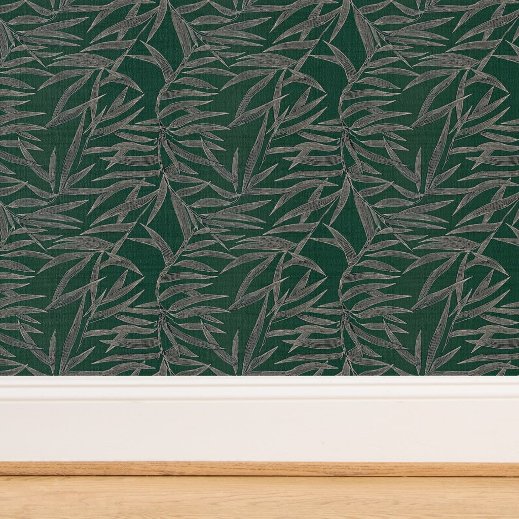 Detail of the natural woven fibers on the Emerald Bamboo grasscloth wallpaper.