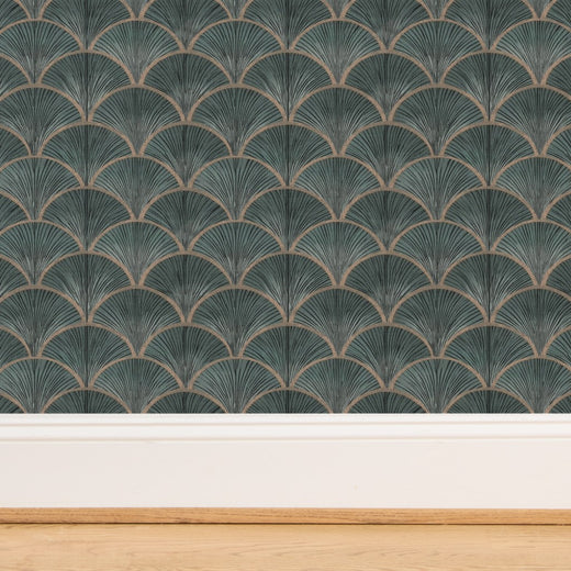 Macro perspective of the natural grass cloth backing on teal fish scale wallpaper.