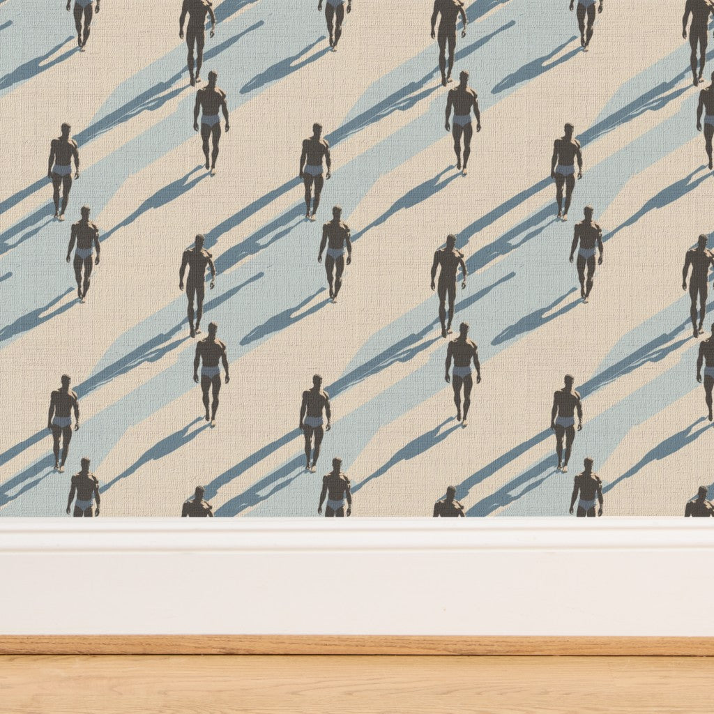 Close-up of the woven grasscloth substrate with the abstract figurative design.