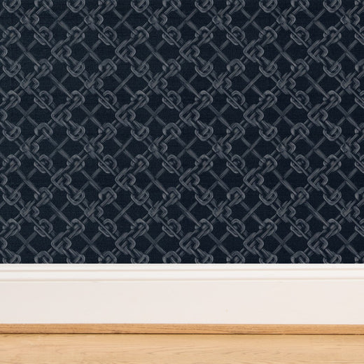 Detailed view of the organic fiber backing on grass cloth Carrick Knot wallpaper.