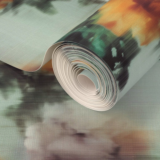 Close-up perspective of the natural woven texture of Ethereal Rose Veil grass cloth wallpaper.