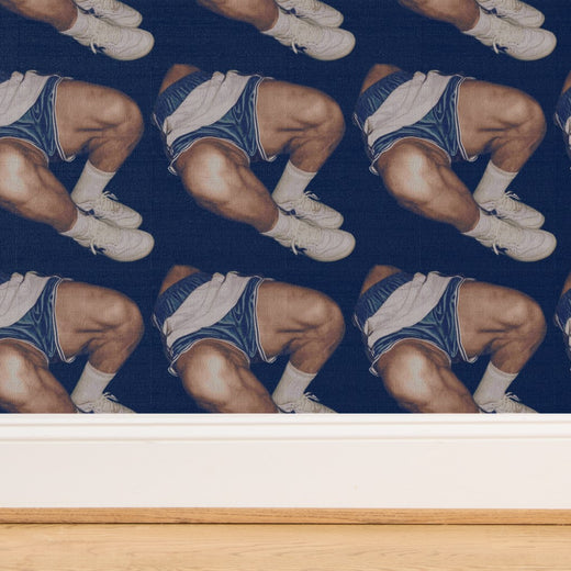 Close-up detail of Gym Shorts wallpaper printed on high-end textured natural grasscloth.