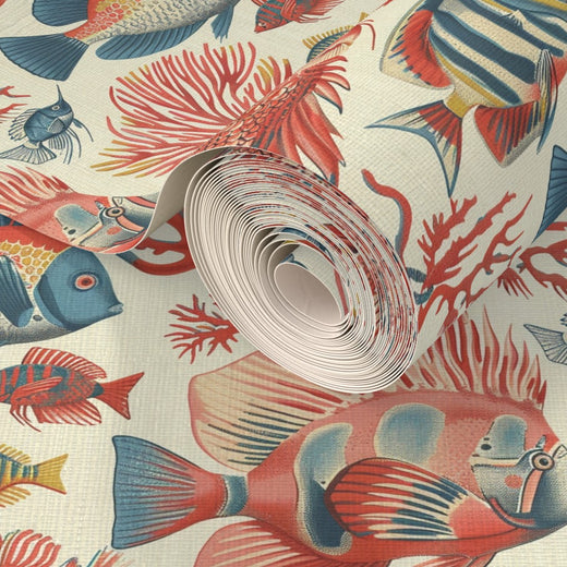 Close-up showing the rich organic texture of Red Fish, Blue Fish grass cloth wallpaper in Off White.