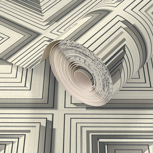 Texture detail showing organic grasscloth backing with concrete block design