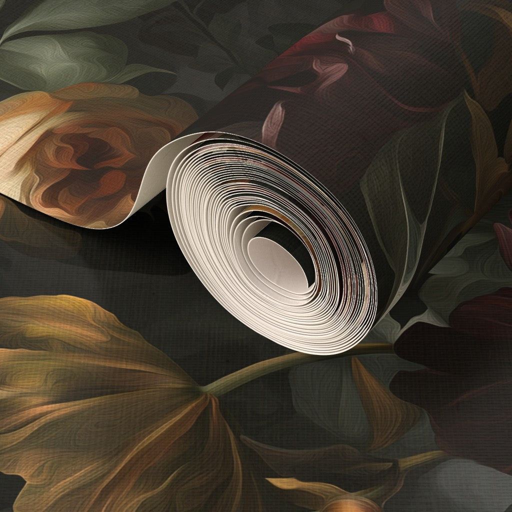 The natural fiber weave of the premium grasscloth backing shown with the Nocturne Botanical floral pattern.