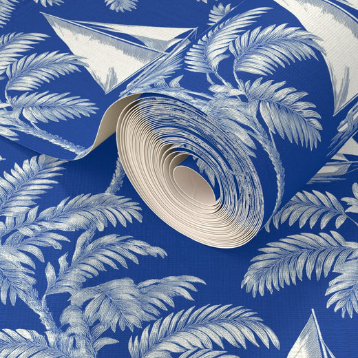 Sail Away pattern printed on woven grass cloth showing natural variations and texture.