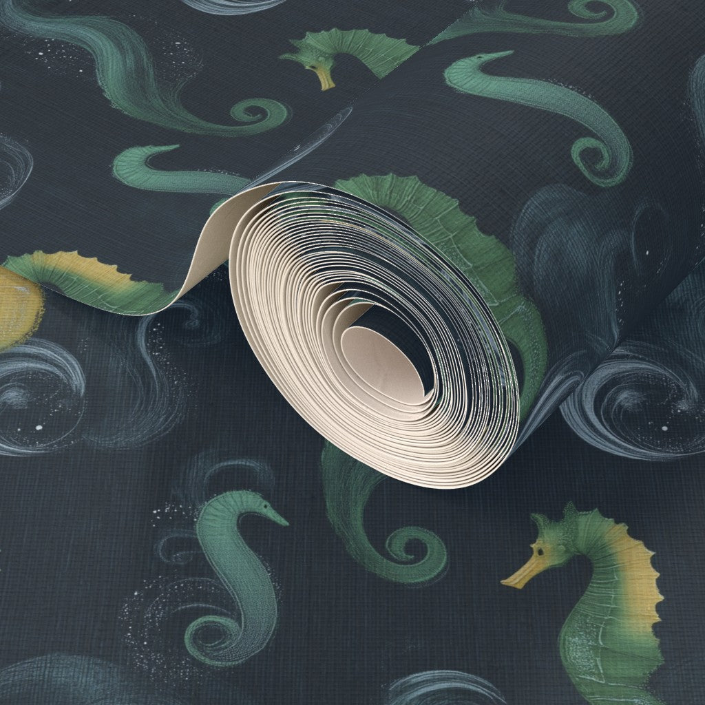 Detailed view of the organic grasscloth backing texture on the Sea Horse wallpaper.