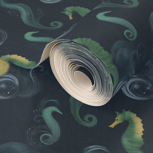 Detailed view of the organic grasscloth backing texture on the Sea Horse wallpaper.