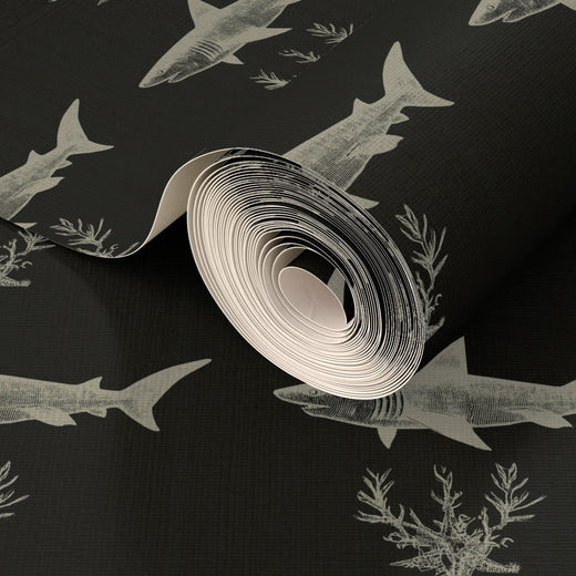 Detail of the refined natural fibers and weave of the dark grasscloth Solo Swimmer wallpaper.