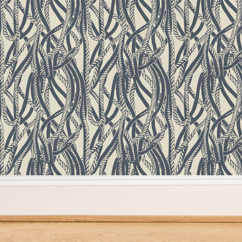 Macro detail of the woven organic fibers of the Dockline grasscloth wallpaper option