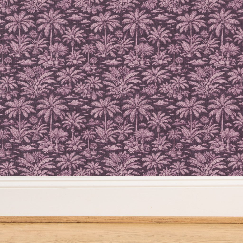 Woven plant fiber detail on Pink Palmy Weather grass cloth wallpaper.