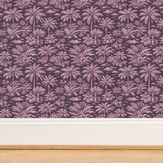 Woven plant fiber detail on Pink Palmy Weather grass cloth wallpaper.