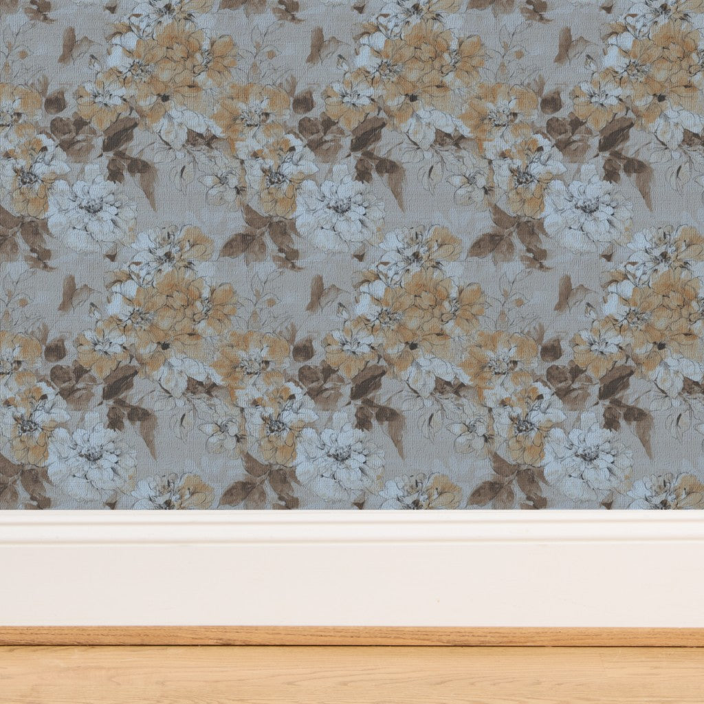 Woven texture of organic grass cloth wallpaper with painterly pink blooms.
