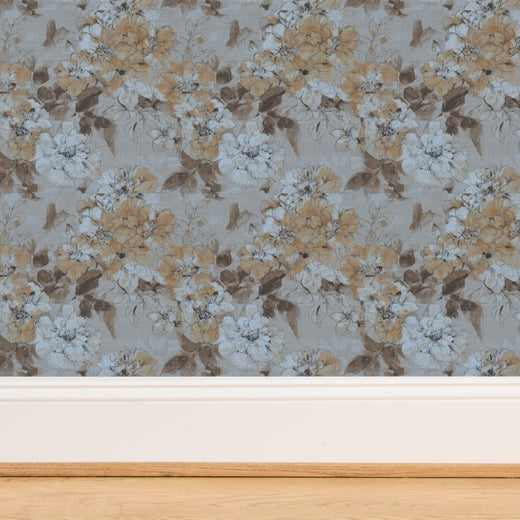 Woven texture of organic grass cloth wallpaper with painterly pink blooms.