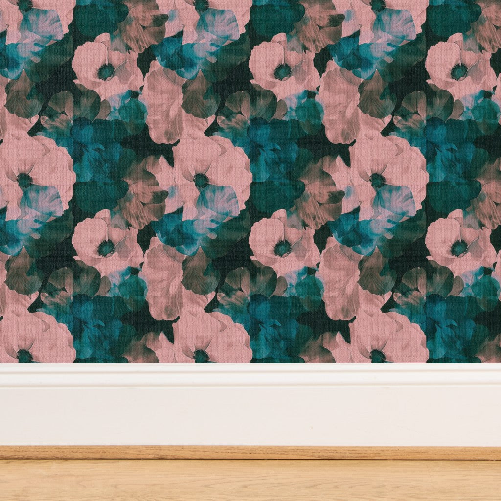 Woven texture detail of natural grasscloth wallpaper featuring Sangri peonies.