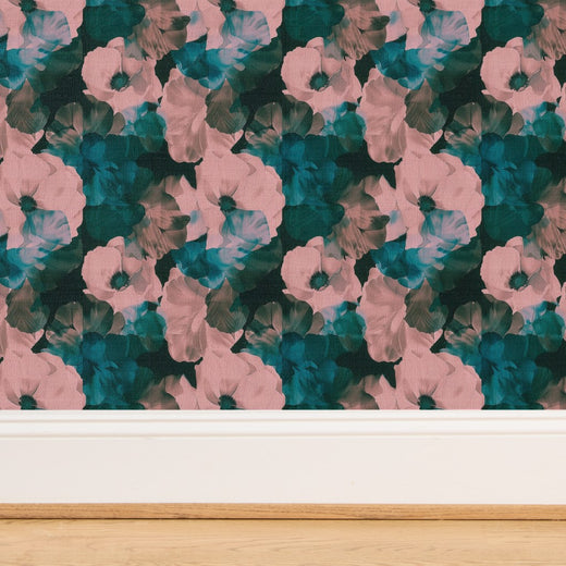 Woven texture detail of natural grasscloth wallpaper featuring Sangri peonies.