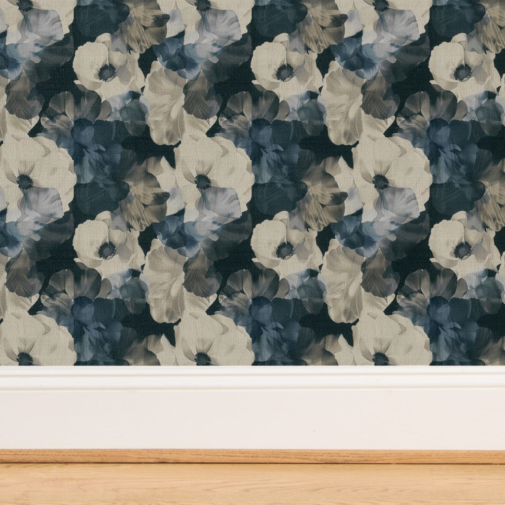 Organic fiber texture of Scandi Sheer Peonies grasscloth wallpaper.