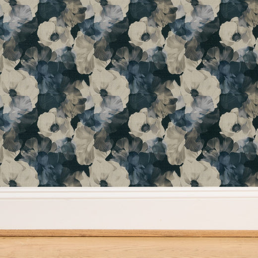 Organic fiber texture of Scandi Sheer Peonies grasscloth wallpaper.