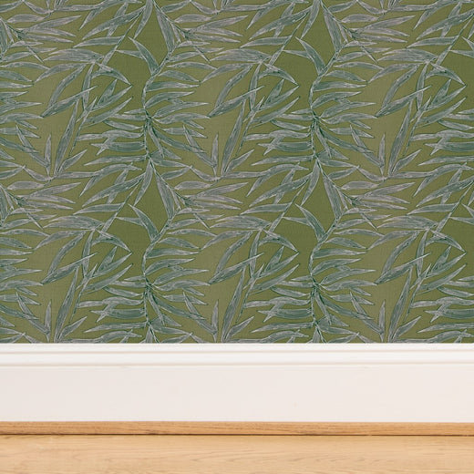 Close-up of the natural woven fiber backing on the Moss Bamboo grasscloth.