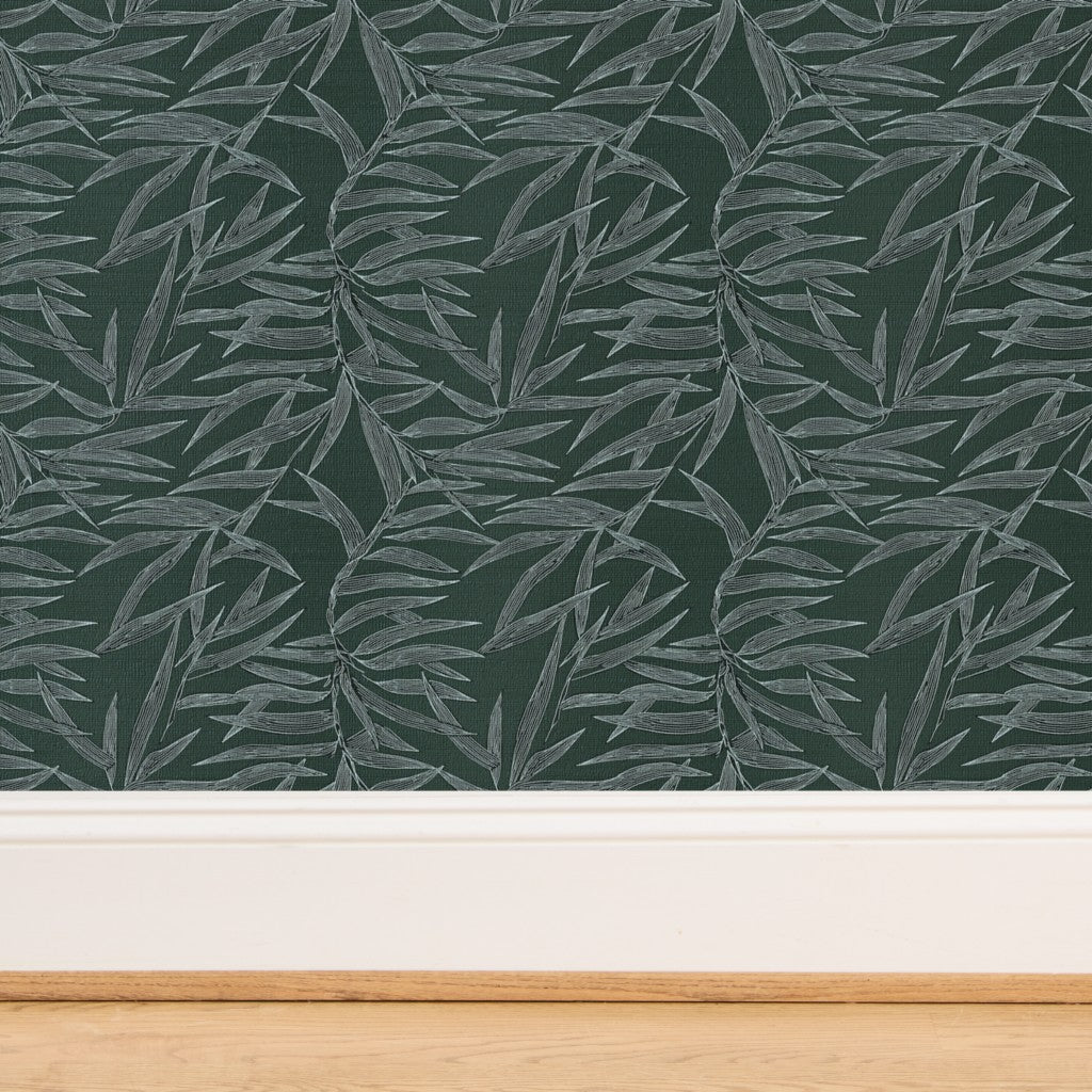 Macro view of the Forest green Bamboo pattern on organic grasscloth.