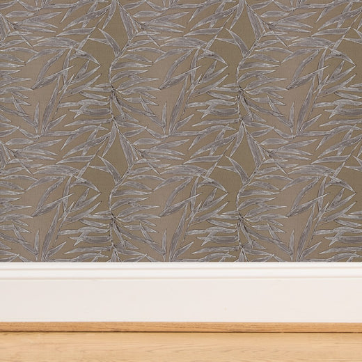 Textured detail of the natural grasscloth option for Dove grey wallpaper.