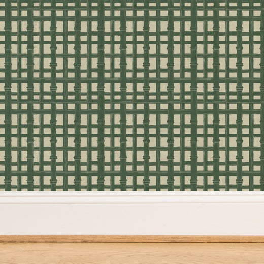 Close-up of the organic grasscloth fibers in the Beige Ground bamboo design.