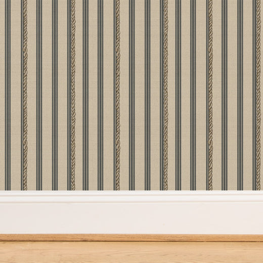 Textured detail of slate grey stripes on woven grass cloth backing