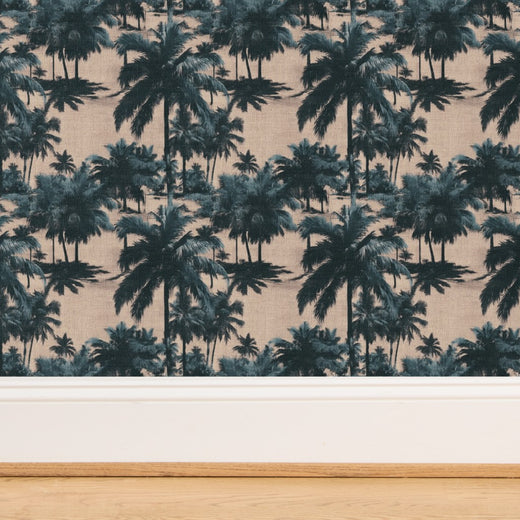 Detailed view of the woven natural grasscloth fibers and organic texture on palm wallpaper.