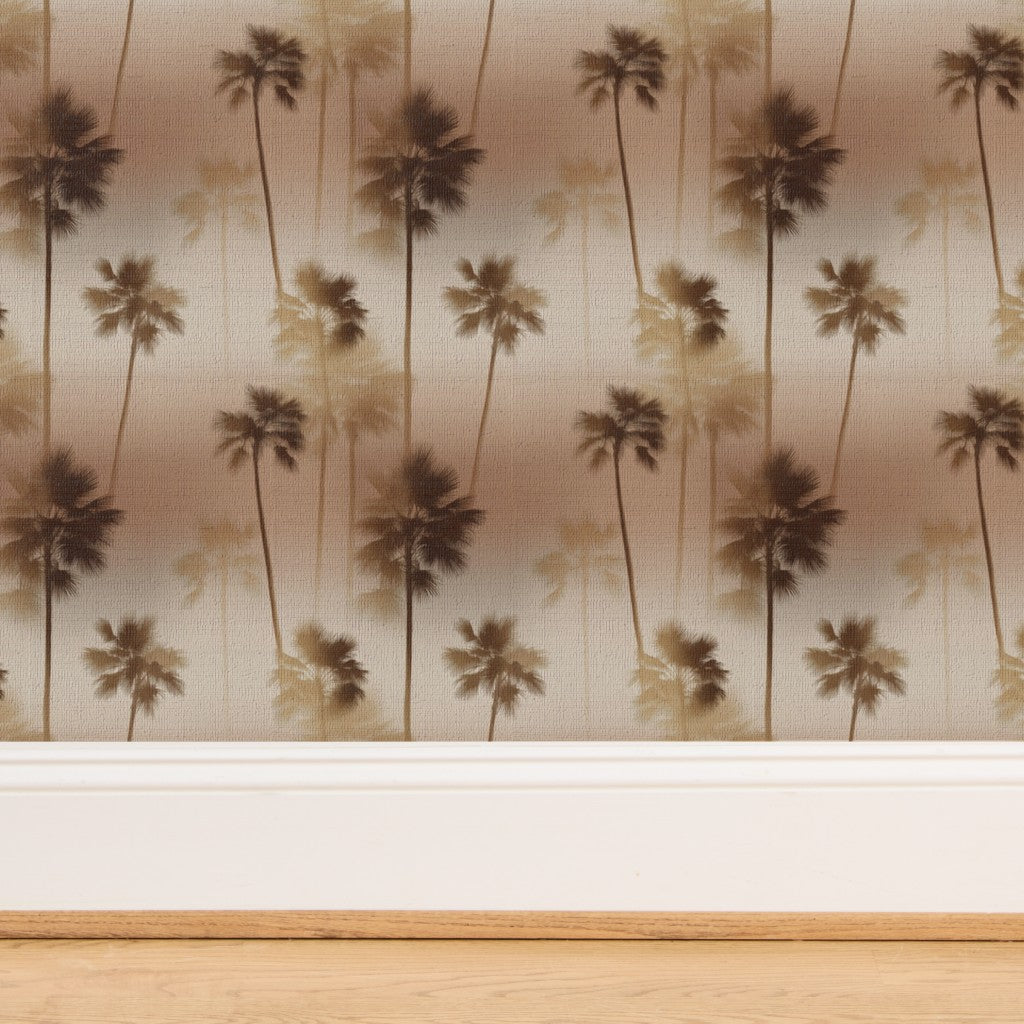 Texture detail of the golden palm tree pattern on organic woven grasscloth wallpaper substrate.