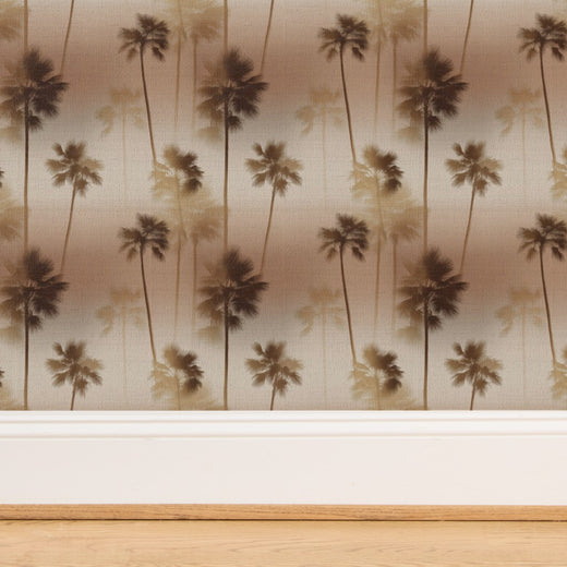 Texture detail of the golden palm tree pattern on organic woven grasscloth wallpaper substrate.