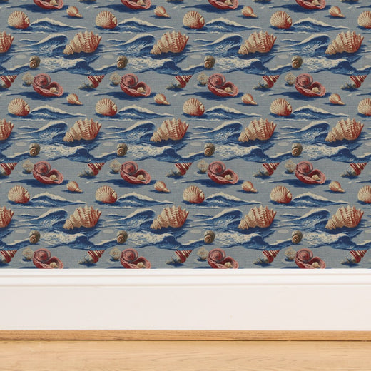 Close-up of the textured grasscloth substrate featuring blue watercolor seashells.
