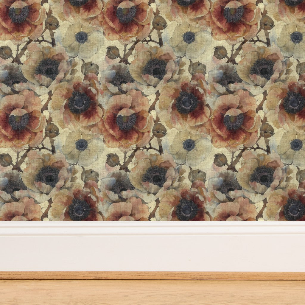 Detailed weave texture of Sunset Poppy and Anemone natural grass cloth wallpaper.