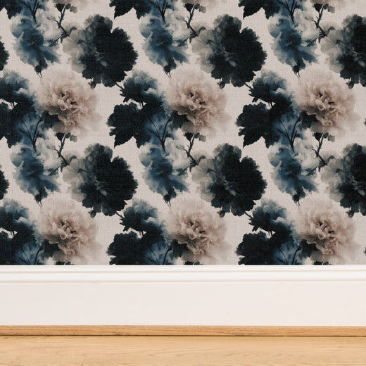 An angled view of the textured Grasscloth Modern Peonies wallpaper, displaying the unique organic fibers.