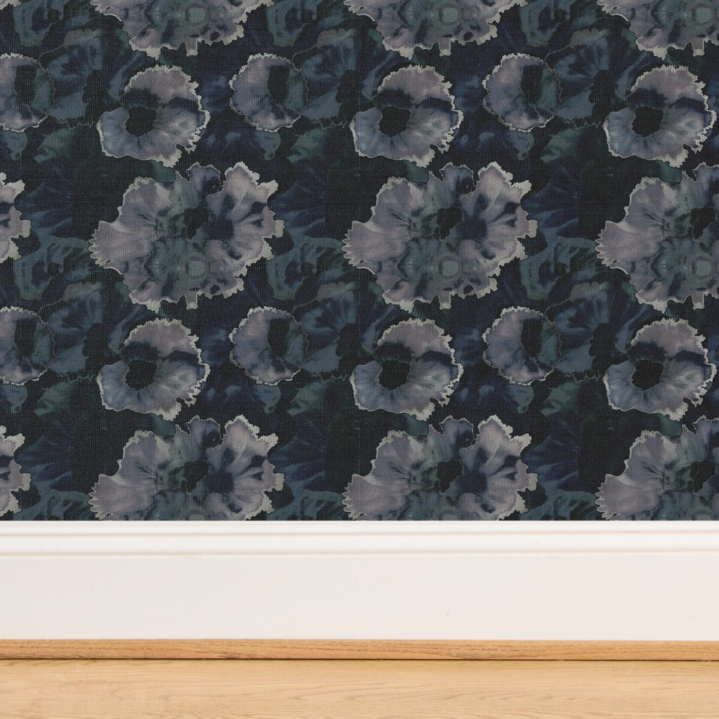 Detailed texture view of the woven grasscloth backing with purple abstract print