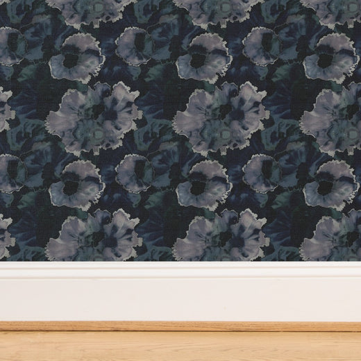 Detailed texture view of the woven grasscloth backing with purple abstract print