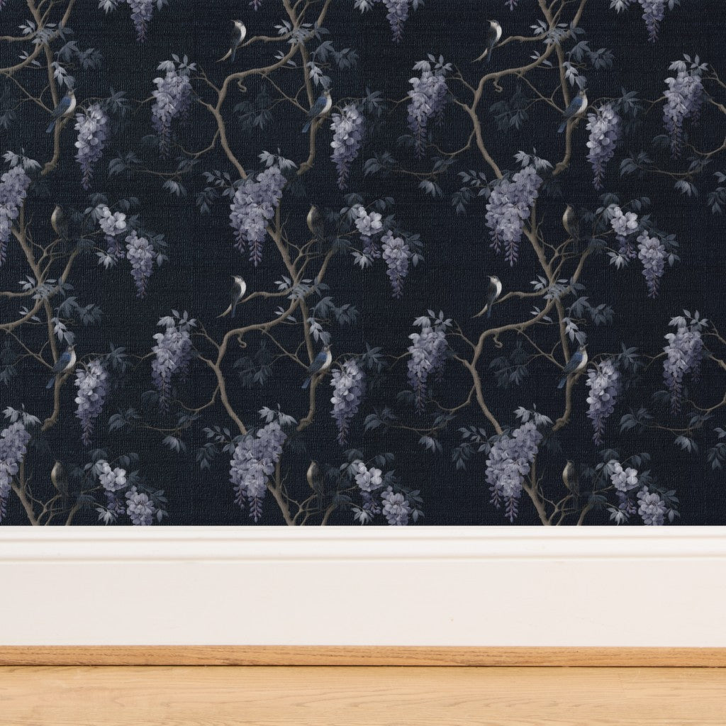 Detailed texture of the woven grass cloth backing with midnight blue botanical design