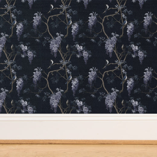 Detailed texture of the woven grass cloth backing with midnight blue botanical design