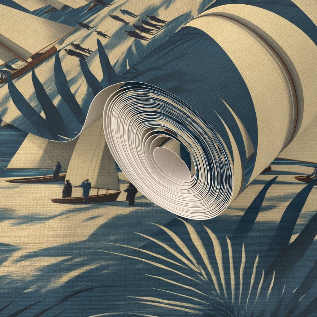 Close-up of woven grasscloth substrate with impressionistic sailboat print.