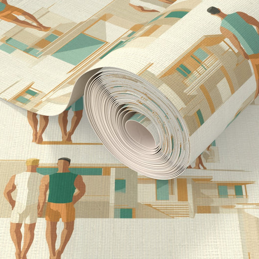 Detail view highlighting the intricate weave of the grasscloth backing on this coastal wallpaper.